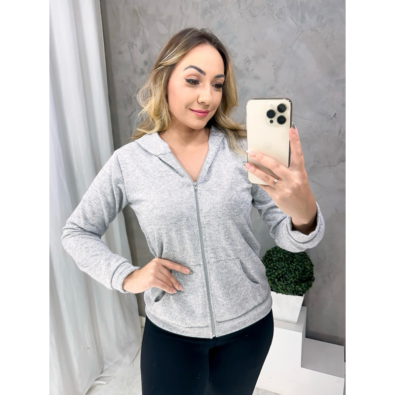 Casaquinho Feminino de Lãzinha Com Zíper e Capuz Blusa de Frio