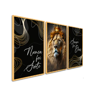Kit Quadros Decorativos 40x30 Leão Frases Jesus Fé Deus Quarto Sala Corredor Trabalho Kit com 3