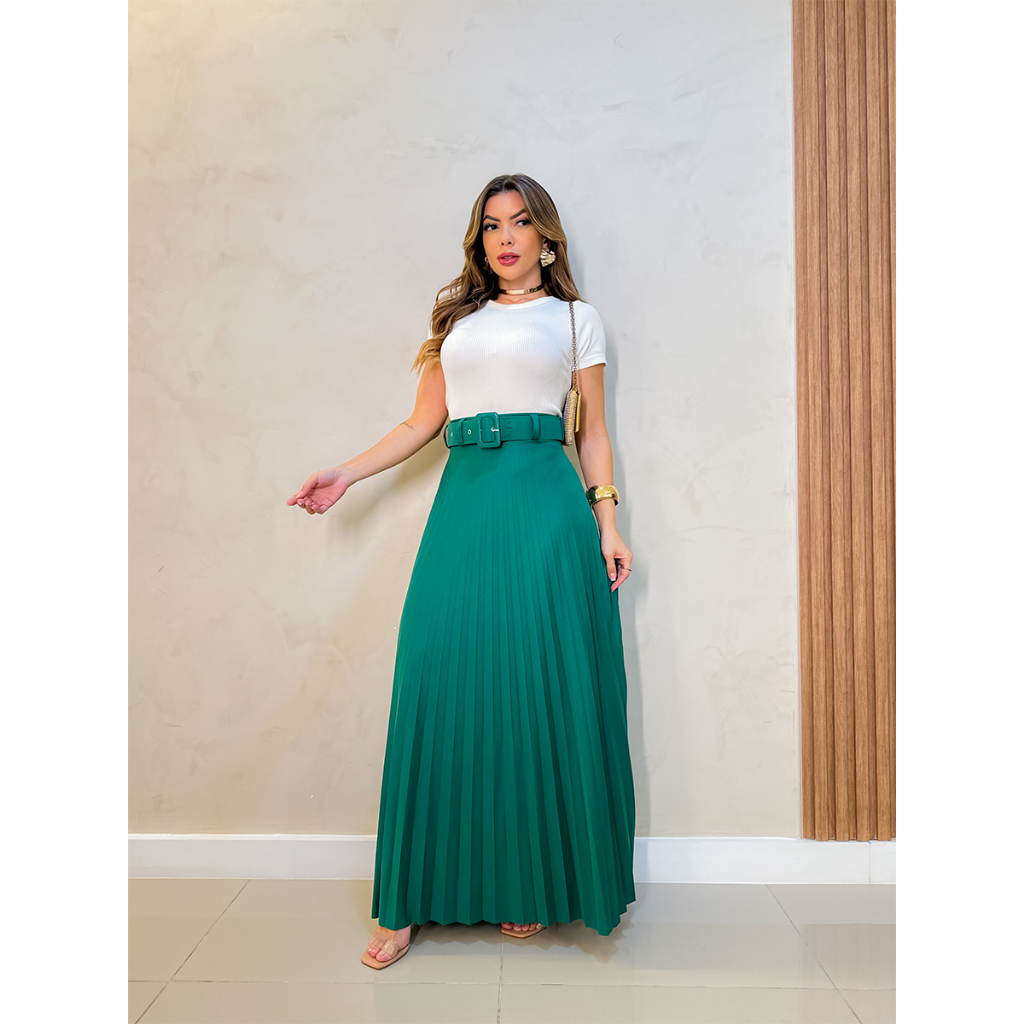 Saia Longa Plissada de Helanca Com Cinto Fivela | Shopee Brasil