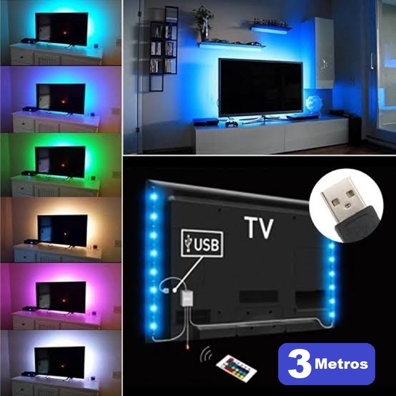 Fita LED USB 3 Metros 90 LEDs RGB 16 Cores C/ Controle _ P/ TV Até 65" PC Gamer Monitor