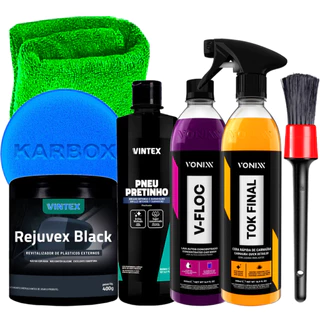 Kit Vonixx Oferta Especial Limpeza Lavagem Automotiva Shampoo V-Floc Cera Tok Final Pretinho Vintex Rejuvex Black para Plásticos Escuros Toalha e Aplicador