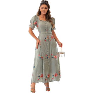Vestido Feminino Cecília Evangélico Longo Bordado Floral com Cinto Festa Estampado Babados CN