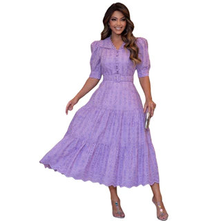 Vestido Midi Leticia com Gola, Botões e Cinto Laise Bordado Lastex Festa Casamento Madrinha CN
