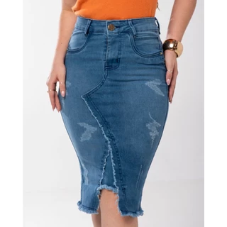 Saia Jeans Frente Desfiada Moda Evangélica 7PALLAS