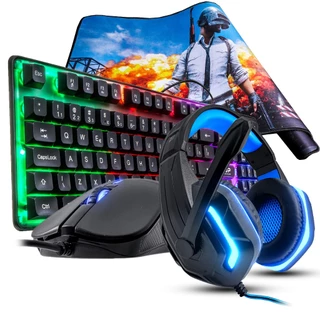Kit Teclado Mouse Com Fone Gamer Headset e Mousepad Com Luzes RGB Conexão Completo Jogos PC Notebook