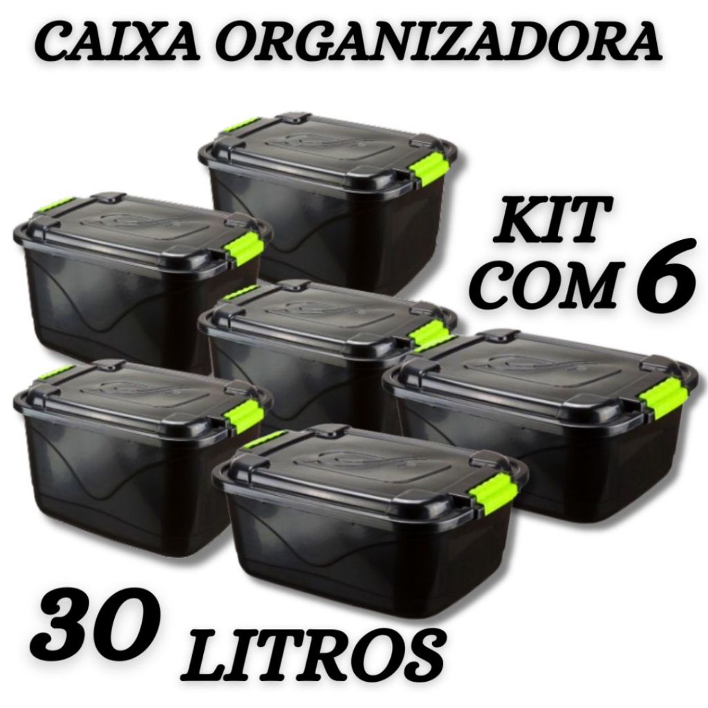 Kit 6 Caixas Organizadoras C/ Tampa e Trava 30 Litros Preta