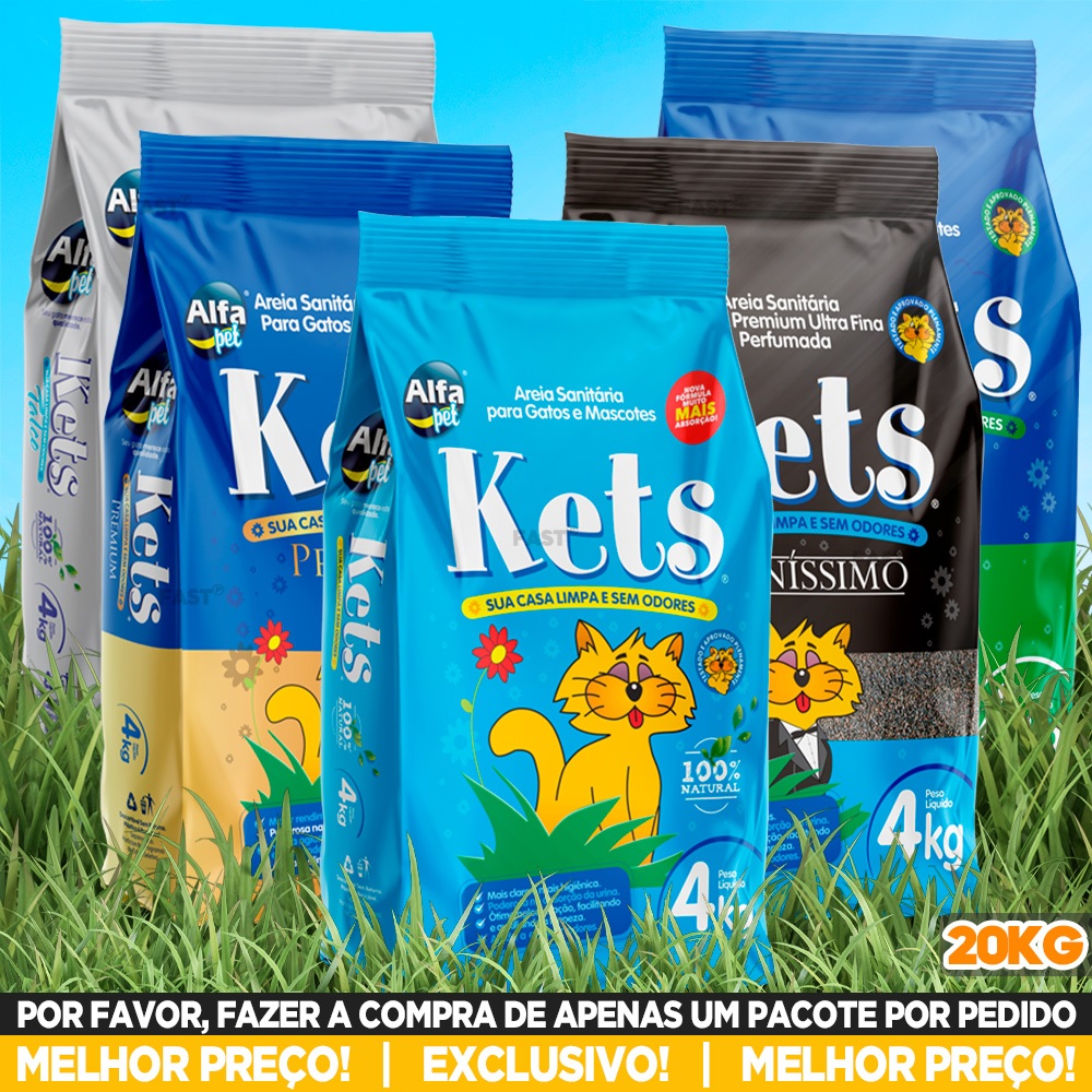 Kit Fardo 5 Pacotes 4KG Areia Sanitária Higiênica Para Gatos Kets Alfapet Perfumada Evita Odores Ultra Absoção Forma Torrões Lavanda / Talco / Premium / Tradicional / Finíssimo / Tropical - ENVIO IMEDIATO