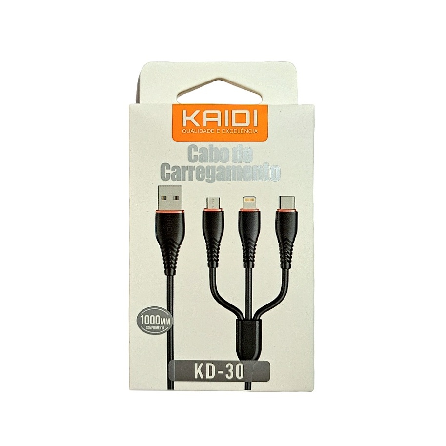Cabo Carregamento 3 em 1 V8/Lightning/Tipo-C 3.1A KAIDI