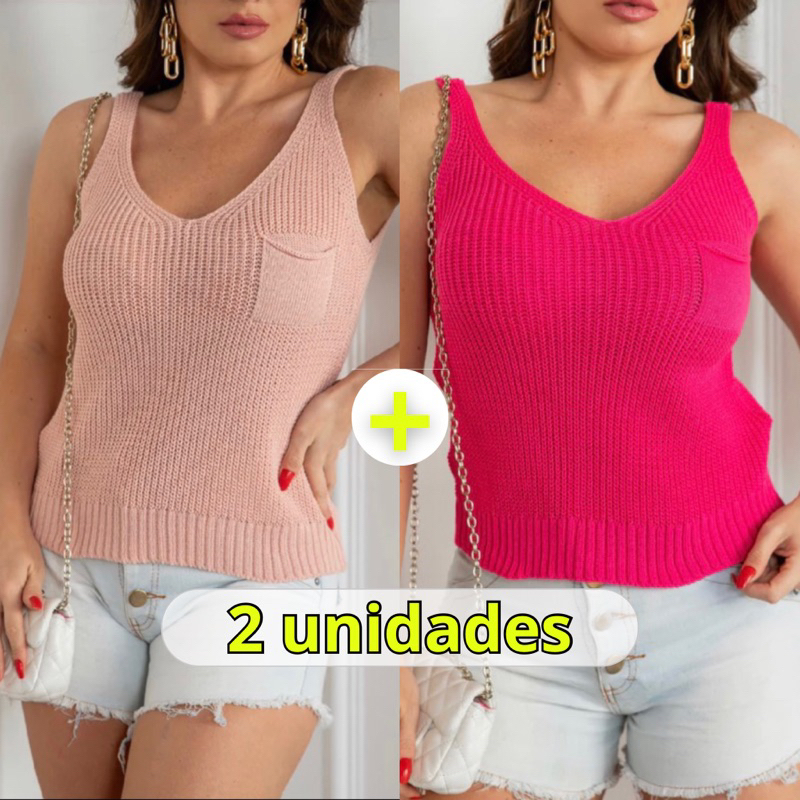 Kit 2 Regata Feminina Tricot Soltinha Com Bolsinho Regatinha Feminina