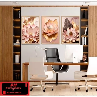 Quadros Rose Dourado Flor De Lotus Luxo Decorativo Com Moldura em Madeira 90x70 cm