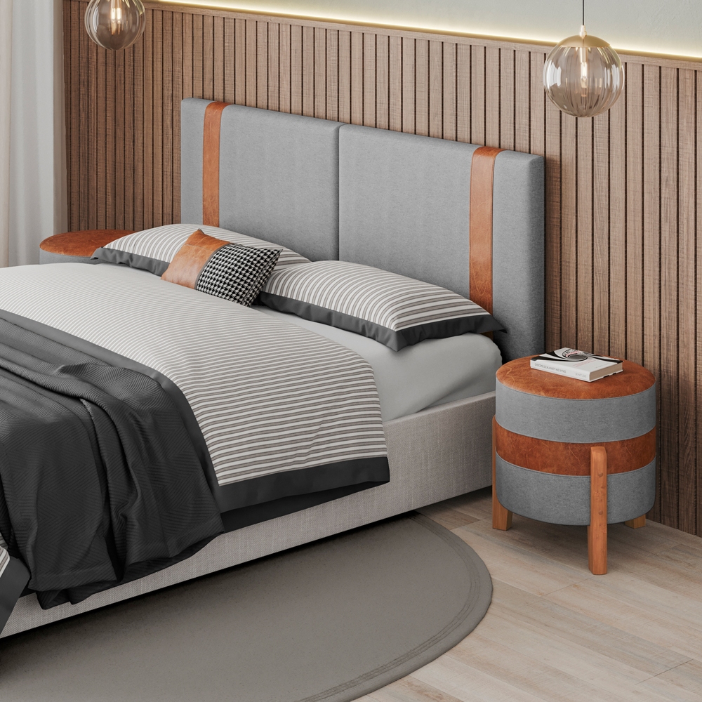 Cabeceira De Cama Ártemis 1,40X0,55 Linho Cinza e Couro Sintético Caramelo