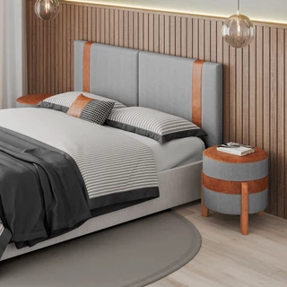 Cabeceira De Cama Ártemis 1,40X0,55 Linho Cinza e Couro Sintético Caramelo