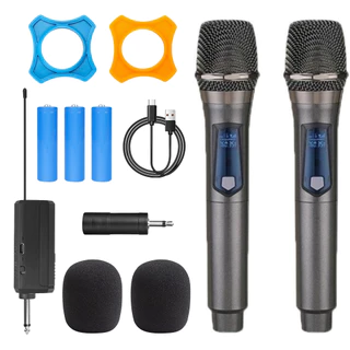 Kit 2 Microfones Dinâmico Sem Fio Profissional Recarregável Uhf para Karaokê