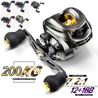 200kg Max Golden Grey Carreto de pesca metálico 7.2 : 1 Alta velocidade Drag Água salgada Carretilha Pesca.