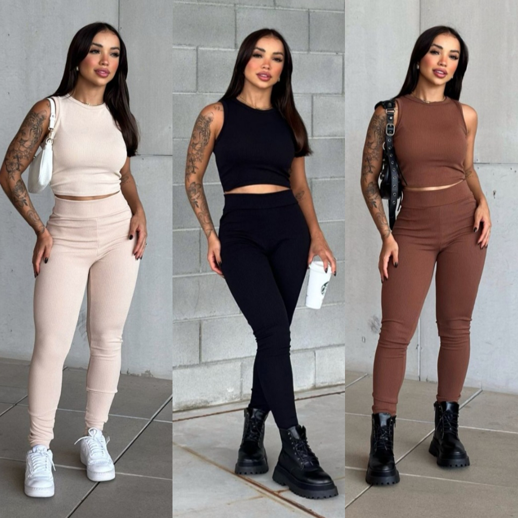 kit 3 Conjuntos feminino academia calça legging cropped gringa