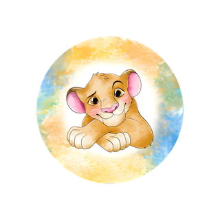 Painel Festa Infantil Redondo Desenho Aquarela Rei leão, Tons de Amarelo e Laranja ao Fundo + Arco, Suporte incluso. Fazemos personalizado com qualquer tema. Confeccionado em Lona fosca, impressão de alta resolução. cenário Circular p/ Decoração