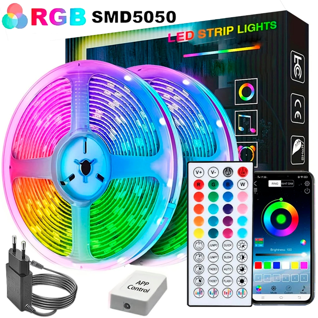 FITA LED 5 METROS COM FONTE E CONTROLADOR BLUETOOTH 5050 RGBW MUSICAL CONTROLE APP ANDROID IOS