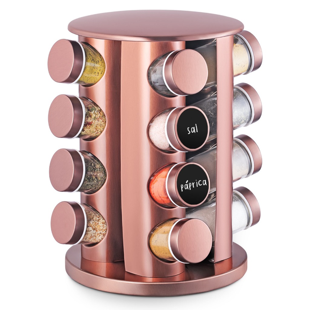 Porta Tempero Condimento Inox Rose Gold 16 potes Inox Vidro Redondo