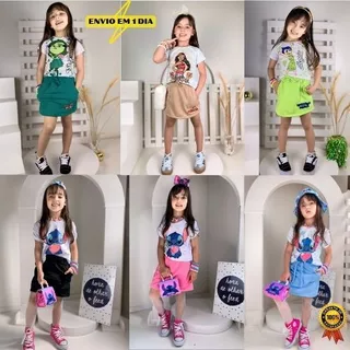 conjunto roupa infantil stitch menina babylook e Short-saia feminino