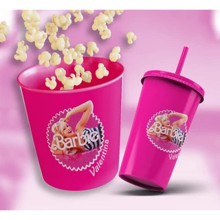 Kit Cinema Barbie PERSONALIZADO COM NOME (Balde de Pipoca 1 litro + Copo Twister Pink)