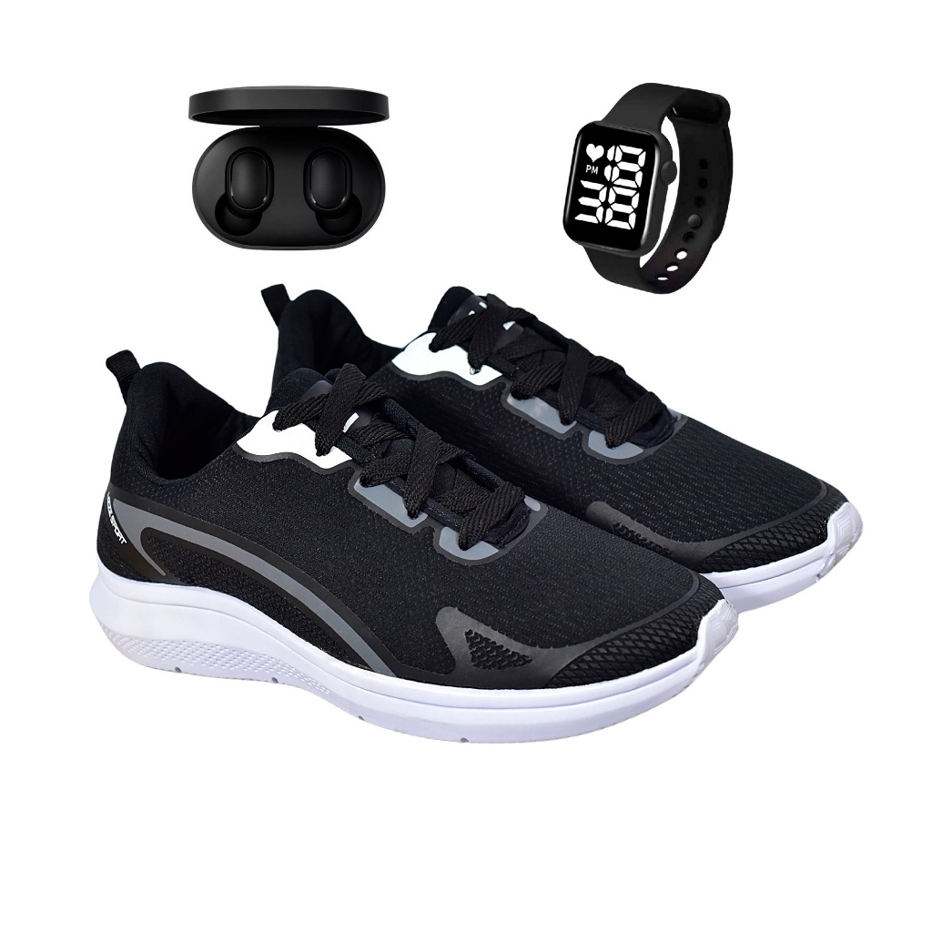 Tênis Corrida Masculino Feminino Sport Leve Academia Treino + Fone De Ouvido Sem Fio + Relógio