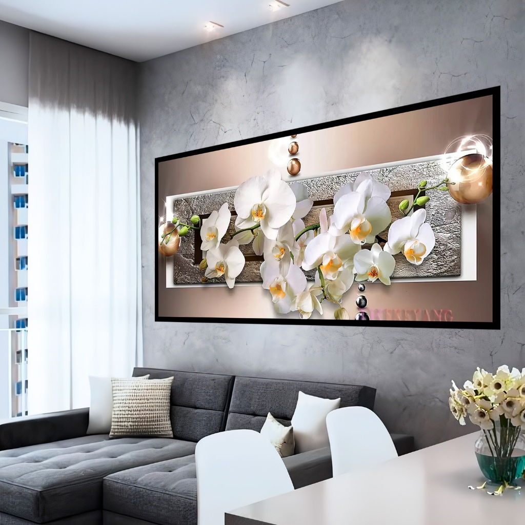 Quadro de Parede Decorativo Flor Orquidea Branca Gold Abstrata Moldura Sala Quarto Mdf Grande