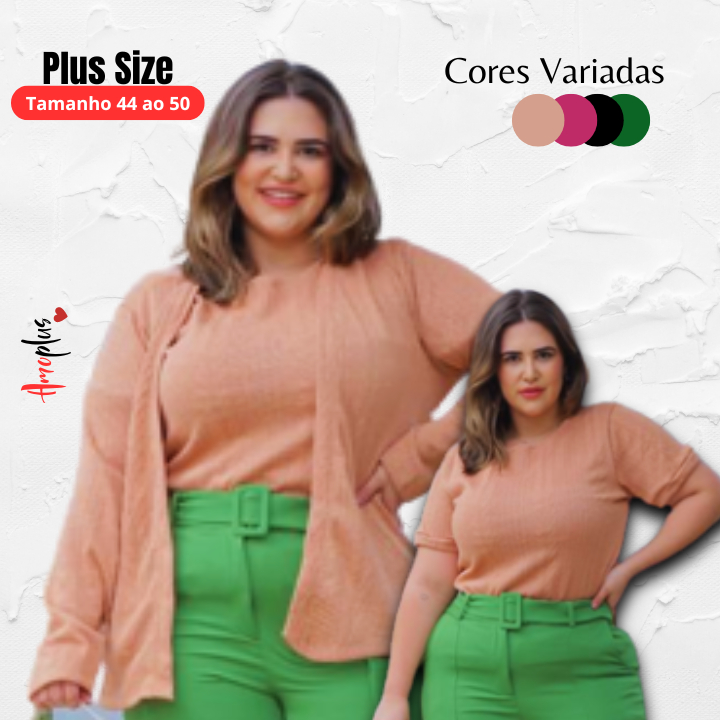 Conjunto Feminino Twin Set em Crochet Manga Comprida Plus Size