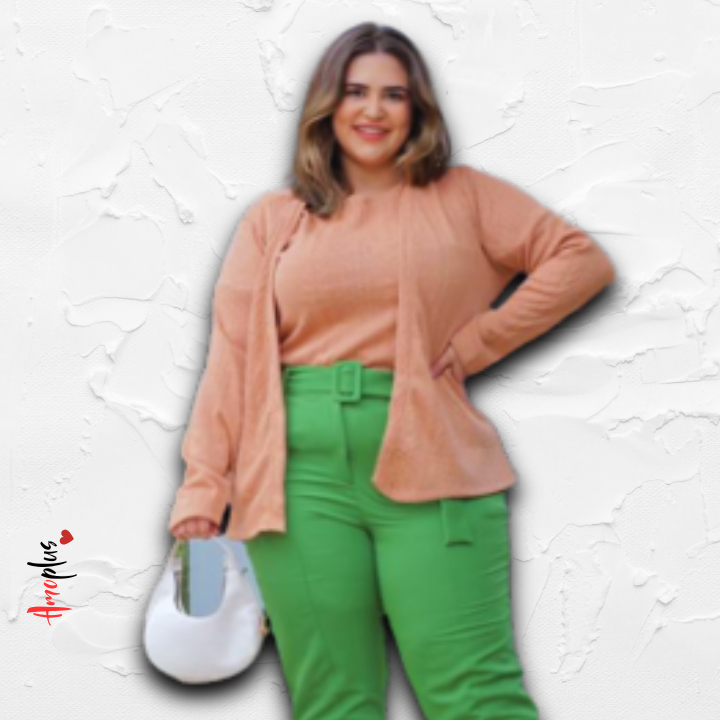 Conjunto Feminino Twin Set em Crochet Manga Comprida Plus Size