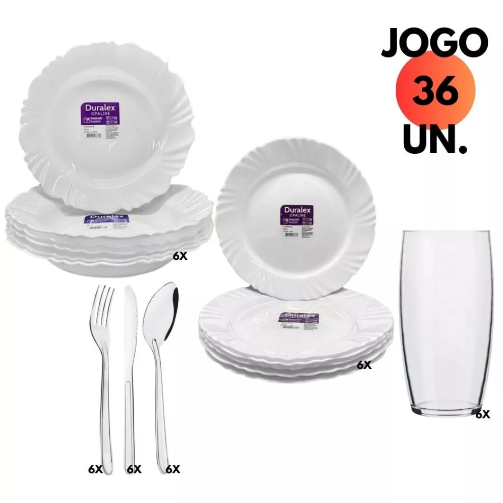 Jogo Kit 36 Peças Jantar Vidro 06 Prato Fundo + 06 Raso Duralex Petala +06 Copo Oca 300ML+ 18 Talheres Oriente Inox