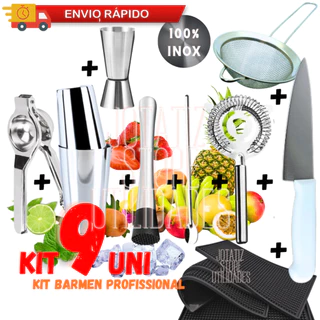 Kit Drink Caipirinha 9 Pçs Coqueteleira Macerador Colher Coador Dosador Espremedor Tapete Peneira Faca Para Barman Bartender Cocktail Bar Bares Cozinha