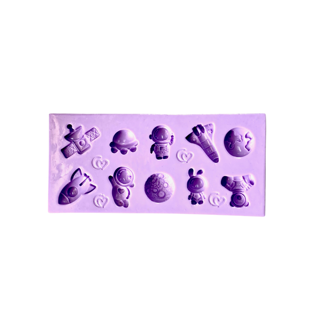 F1692 MOLDE DE SILICONE ASTRONAUTA FOGUETE PLANETA TERRA CONFEITARIA BISCUIT