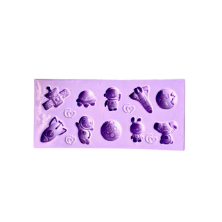 F1692 MOLDE DE SILICONE ASTRONAUTA FOGUETE PLANETA TERRA CONFEITARIA BISCUIT