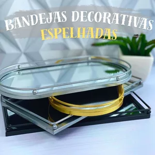 Bandeja Decorativa Espelhada Lavabo Dispenser Retangular Quadrada Oval Dourada Para Banheiro