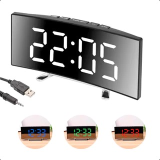 Relógio Digital LED Espelhado Curvado De Mesa Com Alarme e Temperatura