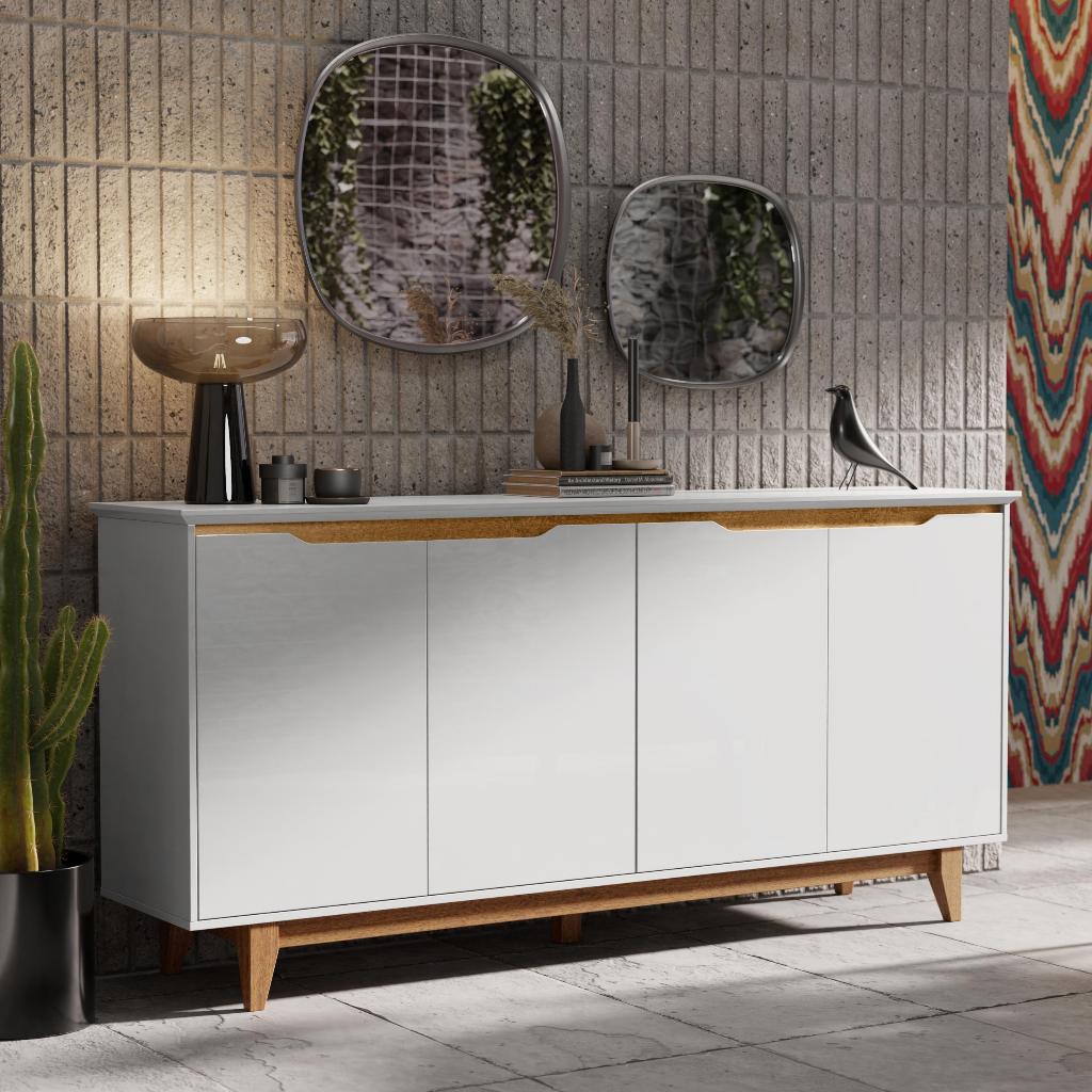 Buffet Aparador Balcão Sala de Jantar 4 Portas Flow - Offwhite/Freijó - EJ Móveis