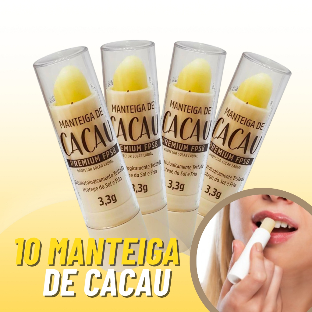Manteiga de Cacau Bastão Hidratante Protetor Labial 10 Unidades ...