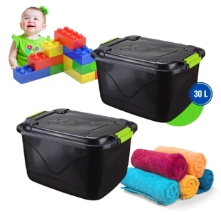 Kit 2 Caixas Organizadora 30l Grande C/Tampa e Trava Cesto para Brinquedos e Multiuso