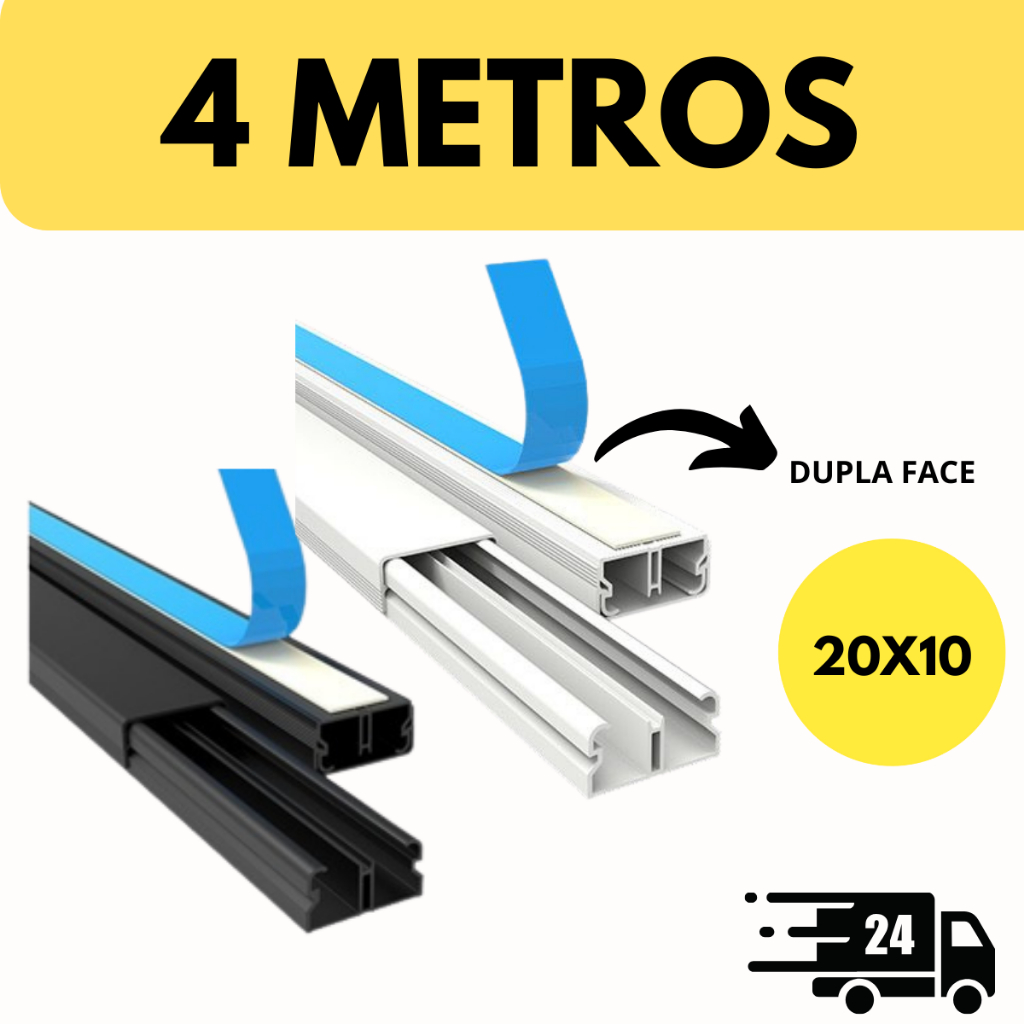 4 Metros Canaleta Organizador de Fios Preta Branca 20x10mm Sistema X Com Fita Adesiva e Divisoria