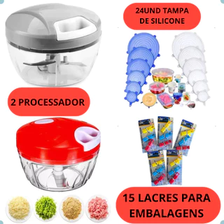 Kit Cozinha Completo 2 Processador de Alimentos + 24 Tampas de Silicone + Lacres