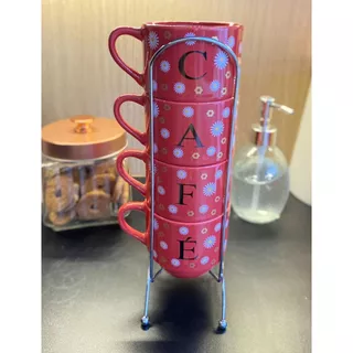 Kit 4 Xicaras Chá Café Modelo Hotel 200 Ml Decorada Com Suporte em Aço