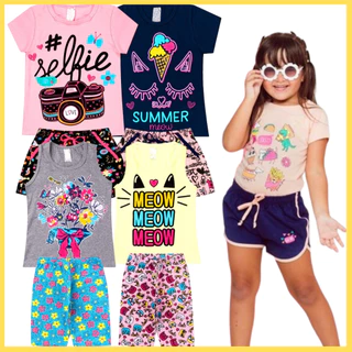 Kit 8 Peças Roupa Infantil Juvenil Menina Verão Conjunto 4 blusas + 4 shorts