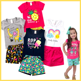 Kit 08 Peças Roupa Infantil Menina Verão Conjunto 4 blusas + 4 shorts