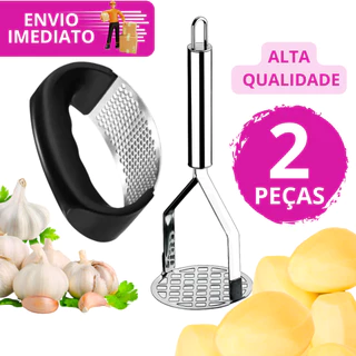 Kit 2 Peças Amassador de Batatas Legumes e Espremedor de Alho em Aço Inox