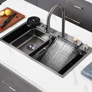 Kit Cuba Cascata Gourmet Aço Inox Premium Torneira Lavador Copos Completa