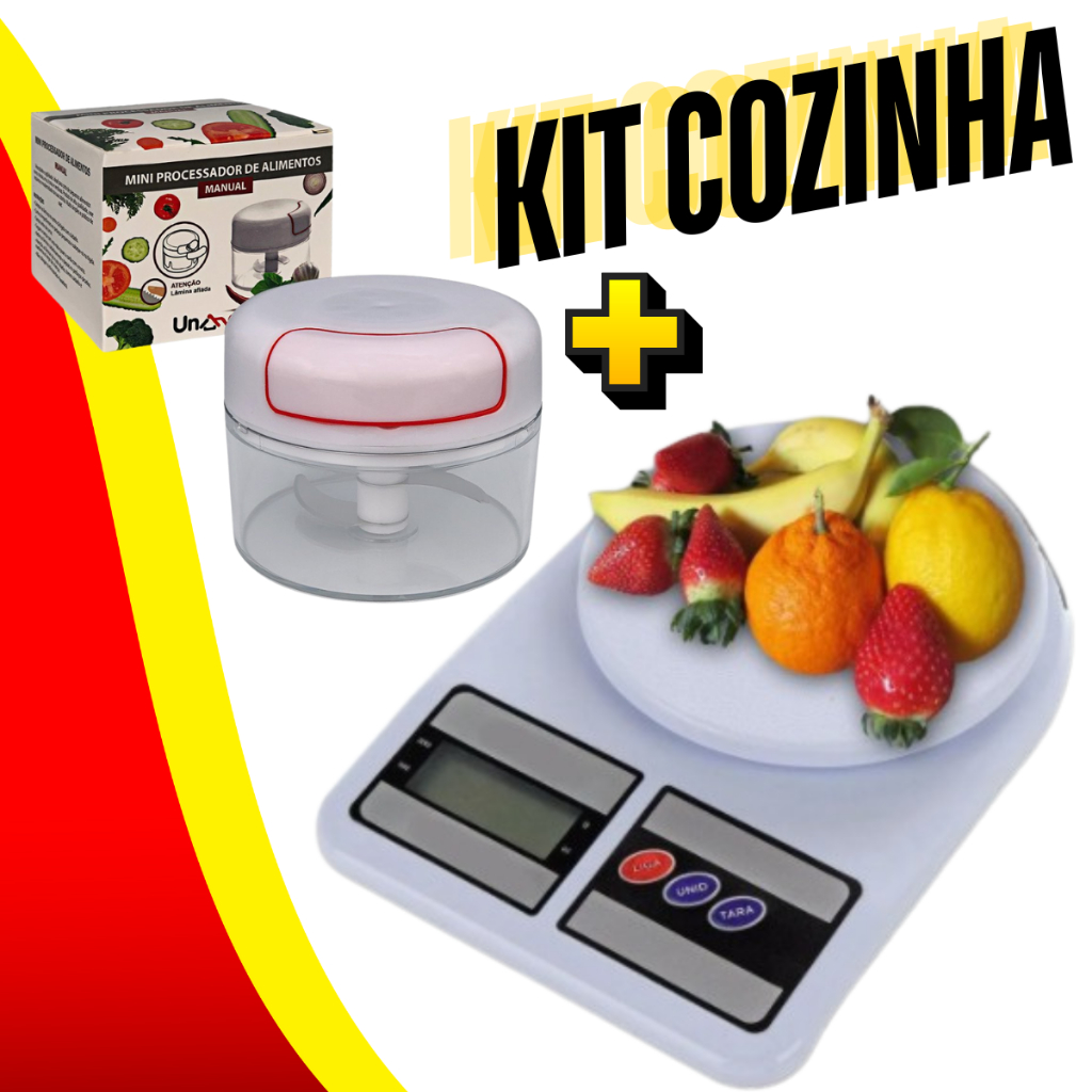 Kit Cozinha Com Balança Digital 10kg + Mini Multiprocessador Triturador Manual 2 Lâminas Inox Alho