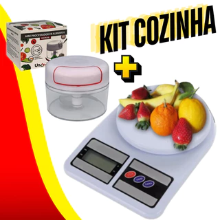 Kit Cozinha Com Balança Digital 10kg + Mini Multiprocessador Triturador Manual 2 Lâminas Inox Alho