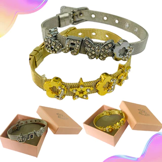 Pulseira de Aço Inox Unissex + 4 Berloques. (Chame no Chat para informar os berloques escolhidos)
