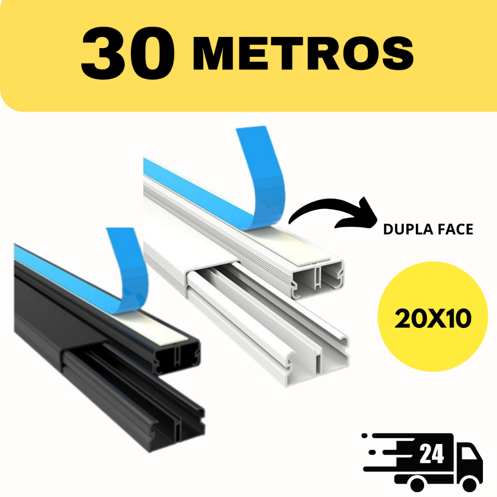 30 Metros Canaleta PVC Preta/Branca 20x10mm Organizador de Fios Sistema X Com Fita Adesiva Parede