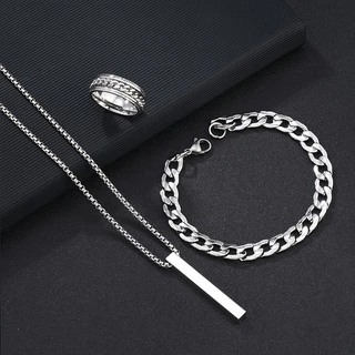 Conjunto de joias de aço inoxidável da moda, com anel, pulseira e colar simples, para homens