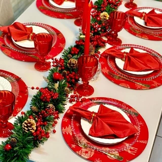 Kit Completo 24 Peças Natal Vermelho 100% Algodão Decoração Mesa Natalina 6 Lugares Completos Oferta